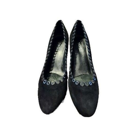 VAN ELI Deana Black Suede Wedge Scalloped Trim Silver Rivets Pump Women US 9M - Picture 1 of 9